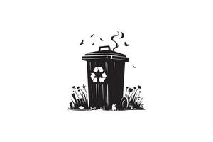 A black and white illustration of a trash can with a recycling symbol vector