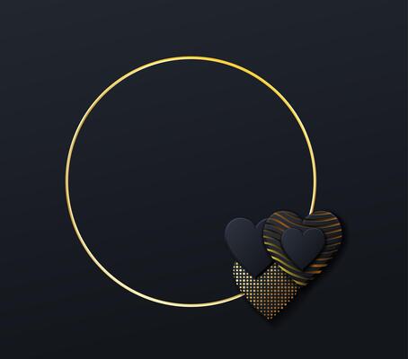 Valentines Day background with black hearts and gold pattern. Gold luxury cover on dark background.