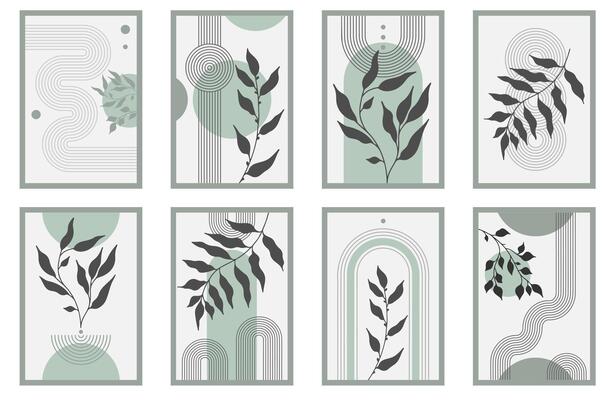 A set of six cards with green leaves and black lines