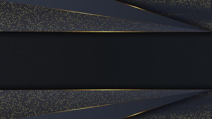 Luxury abstract black background with black overlap layers. Texture carbon and golden glitters dots.