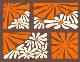 Vibrant 70s wavy patterns with floral elements in orange and cream colors vector