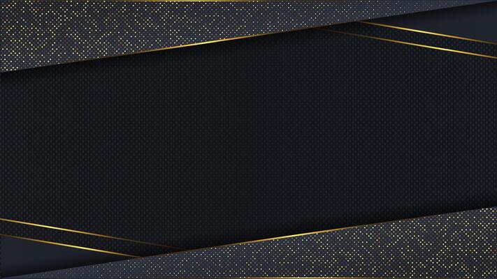 Carbon luxury abstract with black overlap layers. Texture carbon and golden glitters dots.