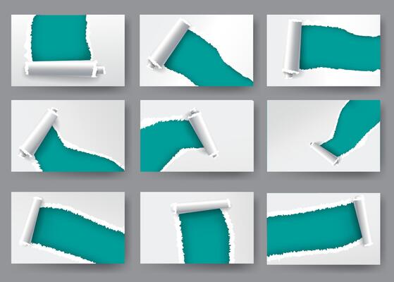 Torn paper holes in white paper with torn sides with space for text. Realistic set with ripped edges for web and print.