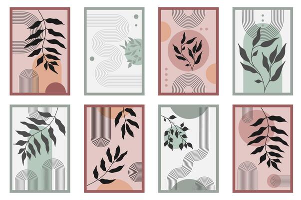 Zen arch poster set with botanical element, simple line arch shapes, and leavs.