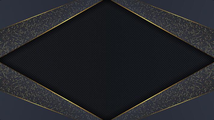 Abstract background with black overlap layers. Texture carbon and golden glitters dots.