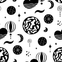 A black and white pattern with stars and planets vector
