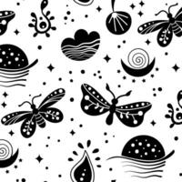 A black and white pattern with butterflies and stars vector