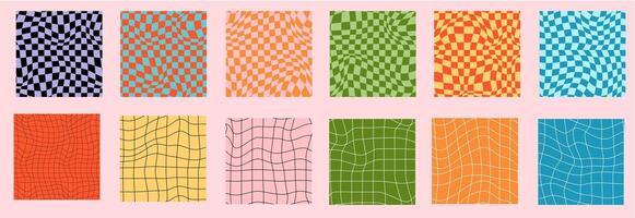 Psychedelic checkerboard background. Wavy illustrations, trendy psychedelic style and groovy color checkerboard vector