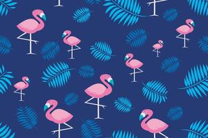 Seamless pattern tropical leaves with flamingo on blue background vector