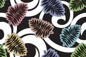 seamless pattern colorful tropical leaves with spiral on black background vector