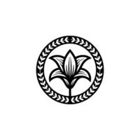 Elegant Black Lily in Laurel Wreath, Minimalist , Emblem. vector
