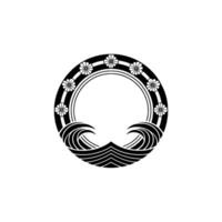 Japanese Crest Floral Waves, Monochrome , Elegant Circle Frame. vector