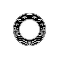 Minimalist Sea Frame Black White Circle with Wave and Coral Elements. vector
