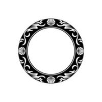 Ornate Circular Frame with Seashell Accents, Black on White. vector