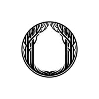 Minimalist Forest Frame Circle with Trees, Black White. vector