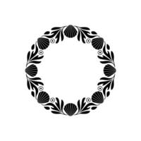Elegant Black Shell and Leaf Circle Ornament on White. vector