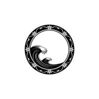 Decorative Wave Illustration in Circle Frame, Black White, Japanese-Inspired. vector
