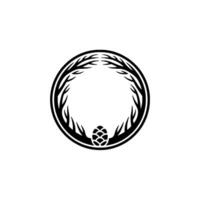 Minimalist Forest Circle Emblem Pine Cone Branch Frame, Black White. vector