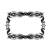 Nautical Frame with Seahorses and Waves Decorative Black and White. vector