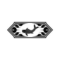 Elegant Koi Fish in a Decorative Geometric Frame, Black and White. vector