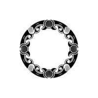 Elegant Black White Circle Ornament with Swirls Shells. vector