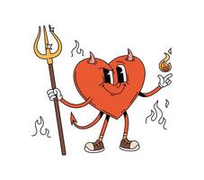Cartoon groovy Halloween heart with devil horns vector