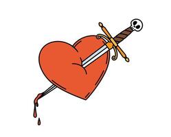 Cartoon groovy red heart pierced by a sword vector
