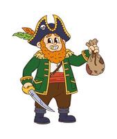 Cartoon groovy pirate character hold stack of gold vector