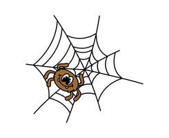 Cartoon groovy Halloween spider character on web vector