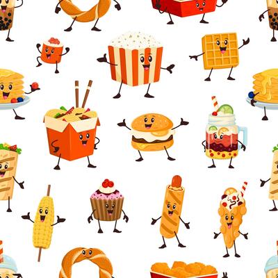 Cartoon funny fastfood characters seamless pattern