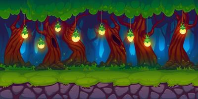 Forest landscape with glowing lanterns vector