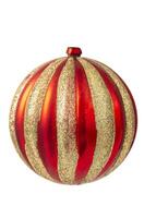 Close-up of a red Christmas ornament with a shiny surface and decorative textured pattern. Festive and vibrant holiday decoration. photo