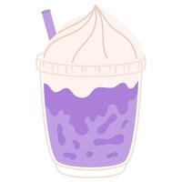 Purple soda float with whipped cream and lavender straw in clear cup vector