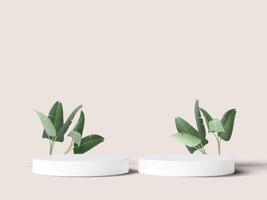 Double white podium with tropical leaves on soft beige background photo