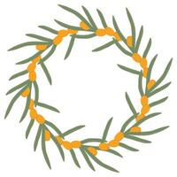 HandDrawn Sea Buckthorn Wreath with Orange Berries and Green Leaves in a Natural Botanical Design vector