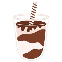Chocolate cream soda with layered swirls and striped straw in plastic cup vector