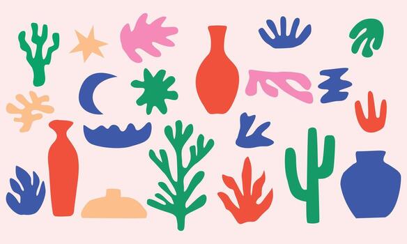 Modern Abstract with Geometric Vases, Botanical Elements, and Celestial Symbols on Pink Background vector