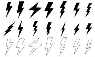 Lightning Bolt Icon Set . Collection of Solid and Outline Thunder Symbols in Various Styles vector