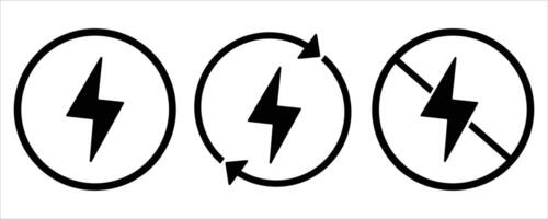 Electricity and Energy Icon Set. Power Symbol, Renewable Energy Loop, and No Electricity Warning Sign vector