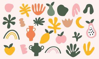 Colorful Abstract with Fruit, Hands, Rainbows, and Decorative Shapes . Modern Boho Design Elements on White Background vector