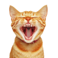 A yawning orange tabby cat with its mouth wide open, showing sharp teeth and pink tongue, wearing red collar. background is plain, highlighting cat expressive face png