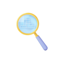 A magnifying glass with a stylized design, featuring a blue lens and a yellow frame, showcasing a geometric shape inside. png
