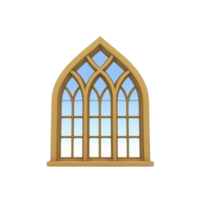 A wooden arched window with intricate design features multiple panes and clear blue sky visible through it, creating serene and elegant atmosphere png