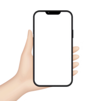 A hand holding smartphone with blank screen, ready for customization or app display. phone is modern and sleek, with black frame and prominent notch at top png