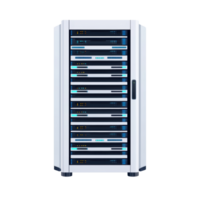A modern data server rack featuring multiple stacked compartments with illuminated indicators for network and storage management. png