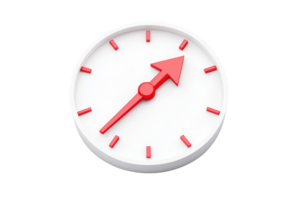 A round clock with a white face and red hour hand pointing to a specific time. png