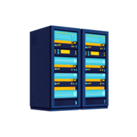 A modern server rack featuring multiple storage units with illuminated display panels and control buttons. png