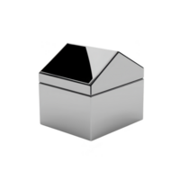A sleek, modern silver box with geometric design and reflective surface, resembling small house. minimalist style and metallic finish give it contemporary and elegant appearance png