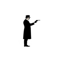 A silhouette of man in coat and hat pointing gun, evoking mysterious and vintage atmosphere. image is simple and monochromatic, highlighting figure stance png