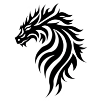 A stylized black dragon head with flowing mane like features, symbolizing strength and power, is depicted in this striking design. intricate lines and curves create sense of movement and elegance png